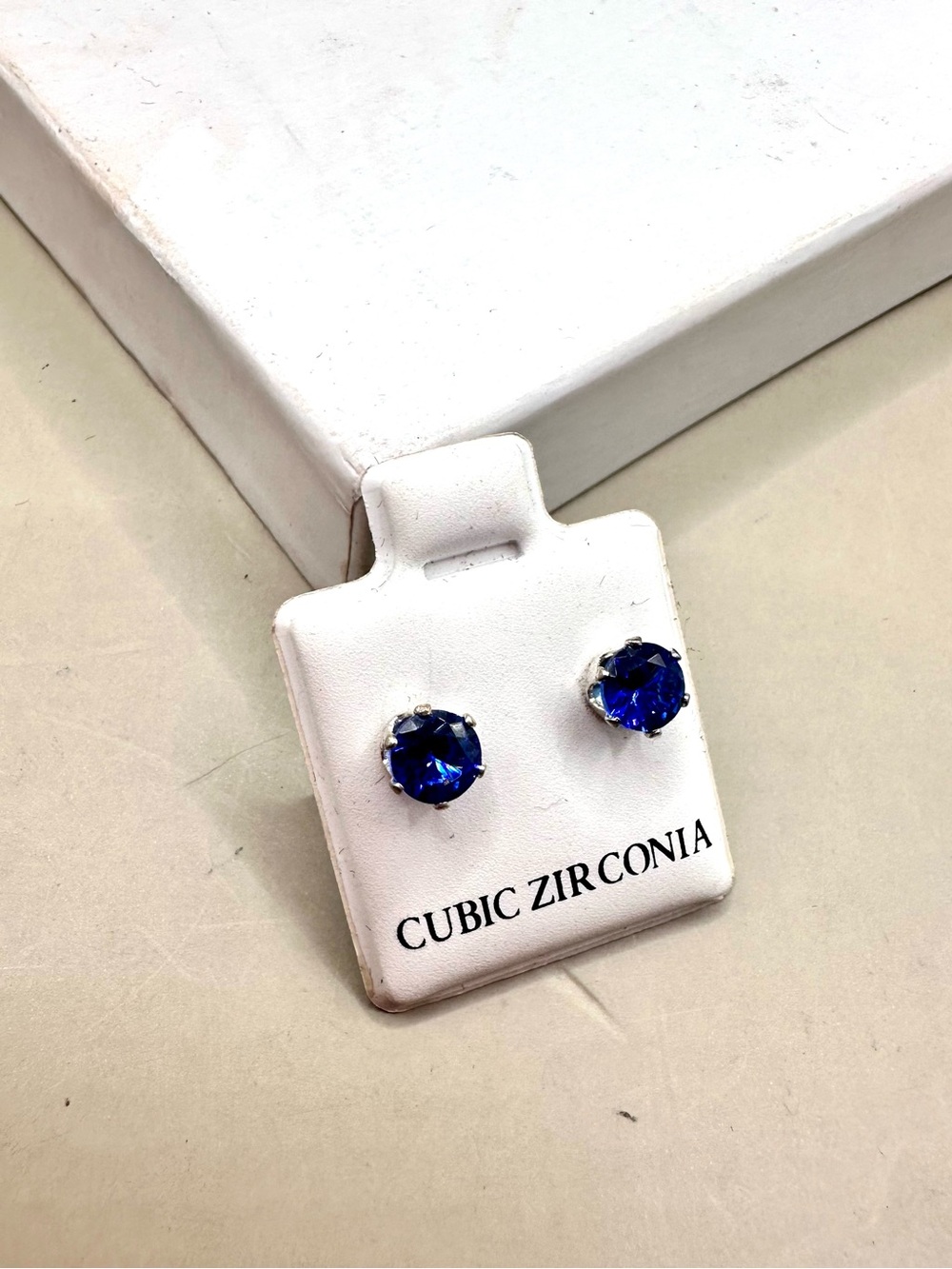 Blue Cubic Zirconia Round Stud Earrings Silver Toned